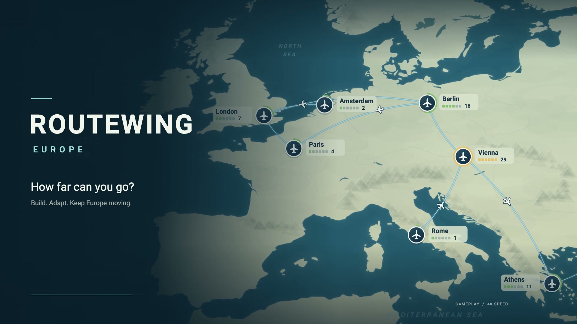 Routewing air routes connecting London, Paris, Amsterdam, Berlin, Vienna, and Rome.